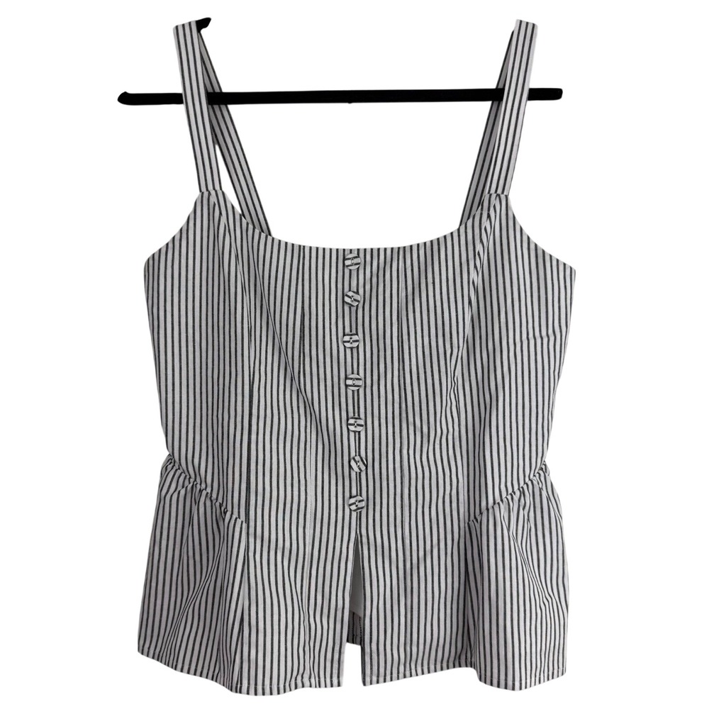 WAYF‎ Striped Peplum Camisole Top Black White Linen Blend Button Front Large NWT